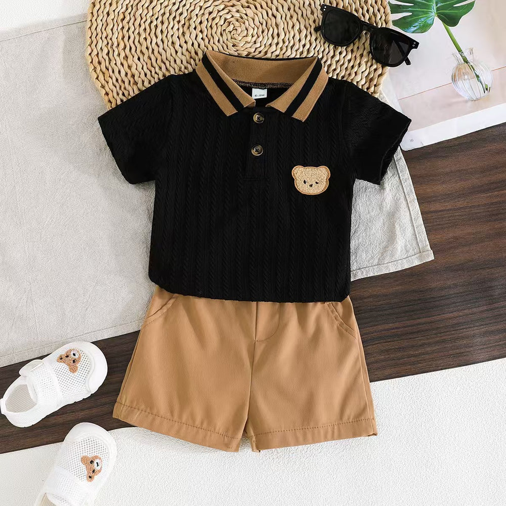 Children's clothing white polo shirt + brown shorts fashioncasualtwo-piece set