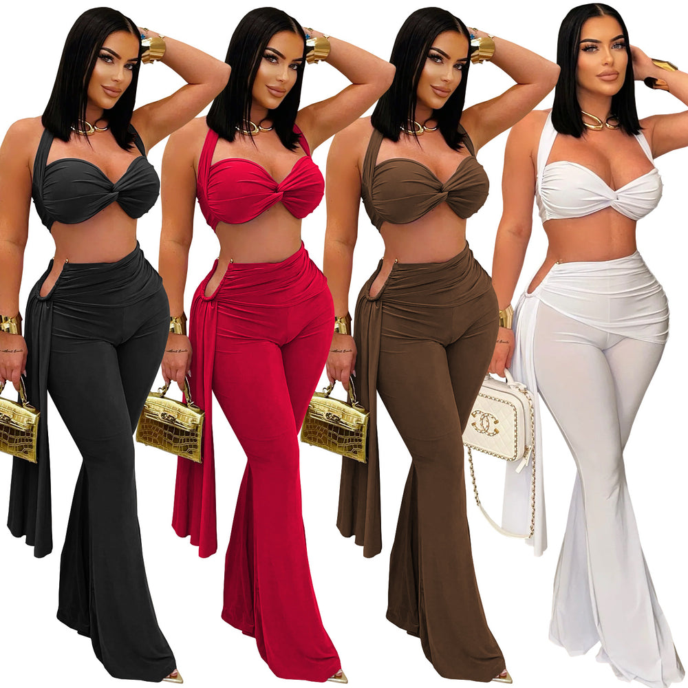 C7485 cross-border   fashion women's sexy summer bandeau top and tie-up pants set - new