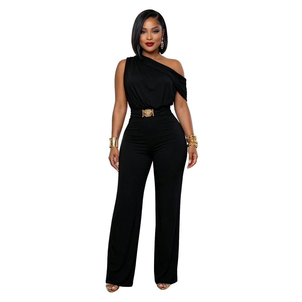 C7718 cross-border   fashion women's elegant one-shoulder belted solid color jumpsuit