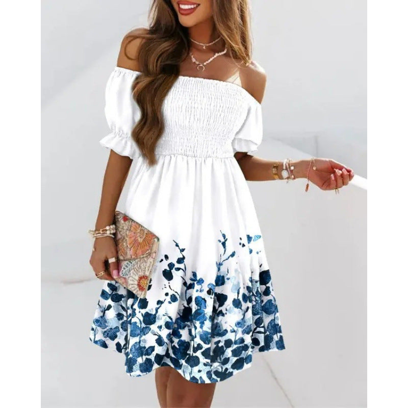 european and american independent station  new arrival short sleeve one-line collar waist pleated printingdress