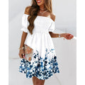 european and american independent station  new arrival short sleeve one-line collar waist pleated printingdress