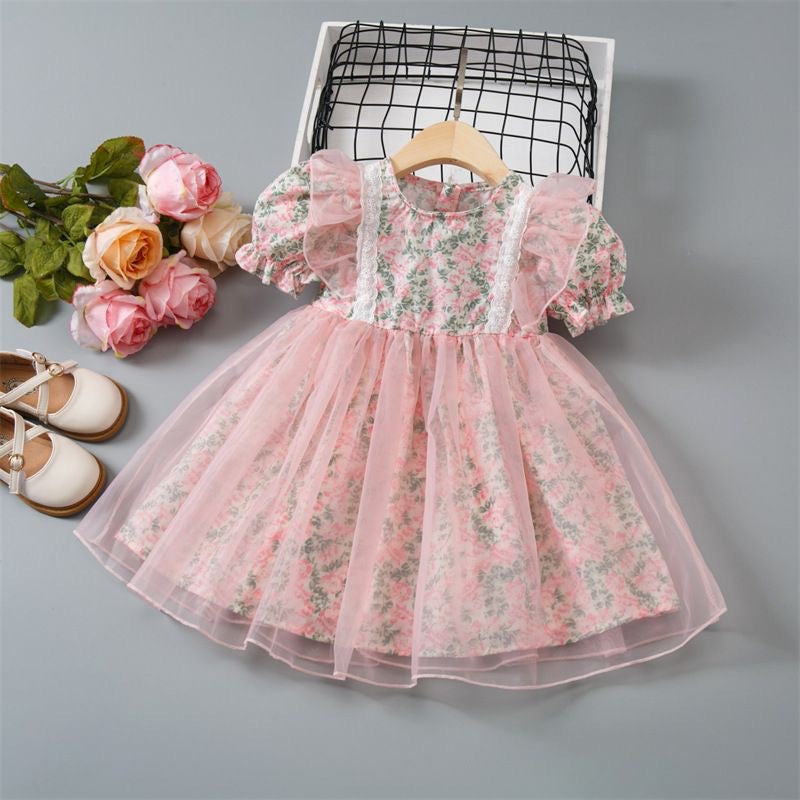 Girls' dress  summer new arrivals: sweet floral print princess dress for toddlers and young children with mesh overlay