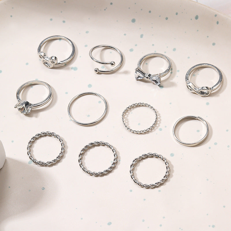 Wholesale bowknot rings: european and american cross-border accessories, women's ins-style niche high-end diamond 10-piece silver jewelry set
