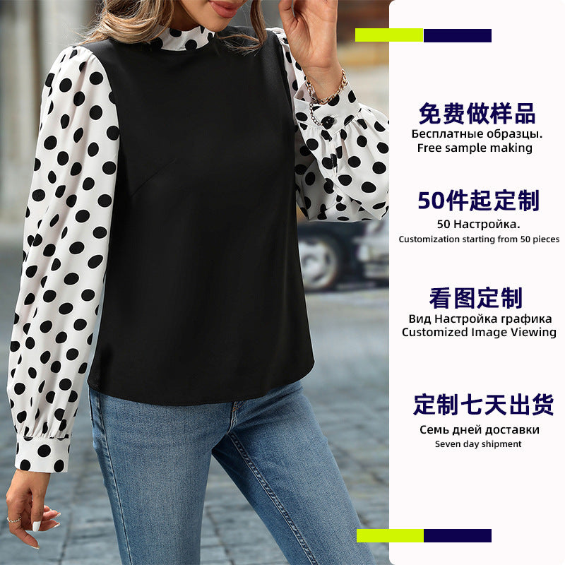 Customized European and American temperament polka dot long-sleeved shirt    contrasting color pullover shirt female contractor material