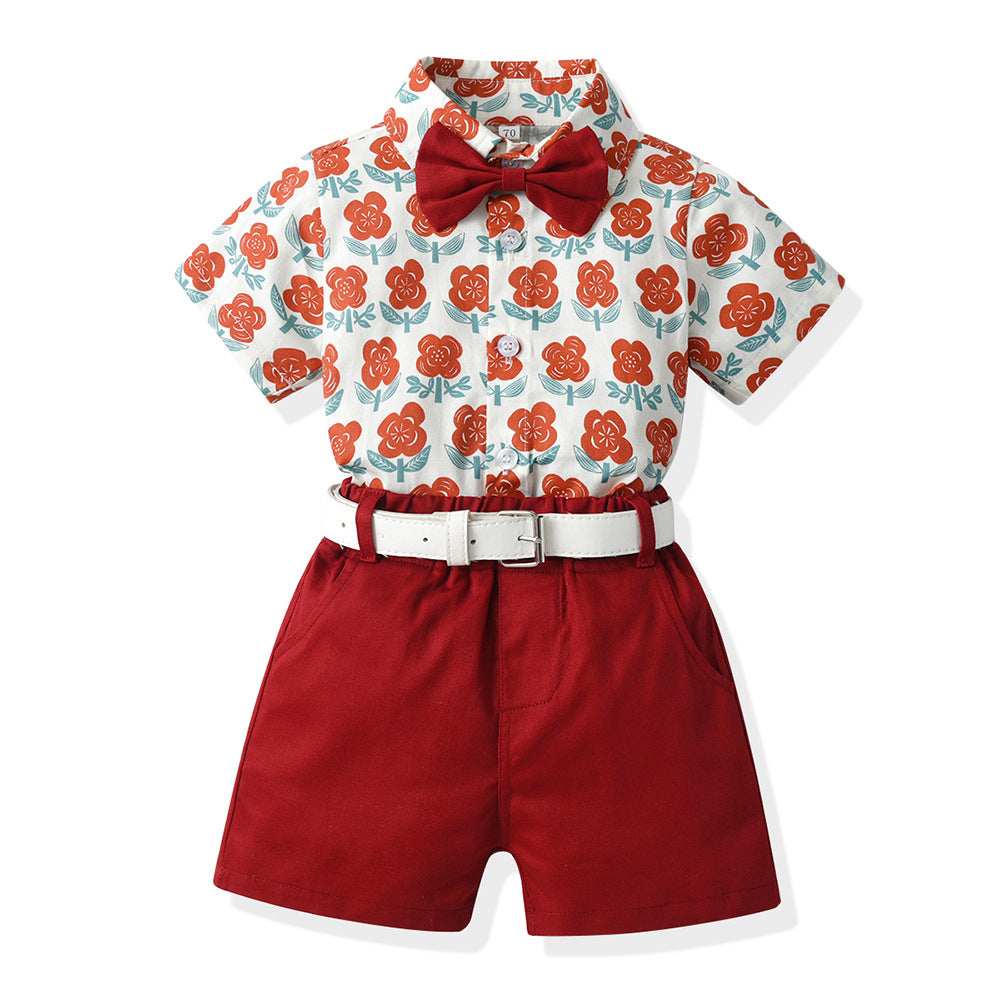 Sister and brother outfit, sister and brother outfit, family summer k-style male and female baby short-sleeved shirt, free belt, headband, shortssuit