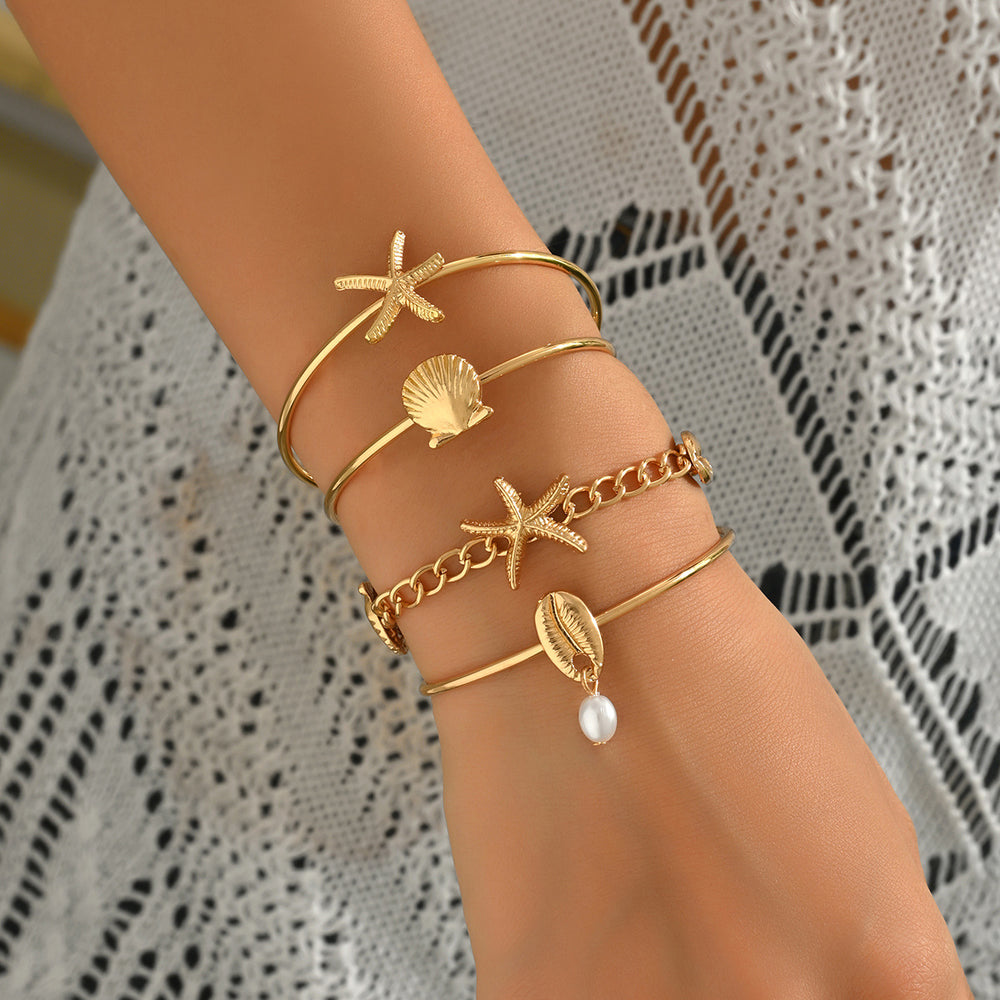 Wholesale ocean breeze bracelet set - european & american cross-border jewelry, seashell & starfish, elegant & versatile design, open bangle