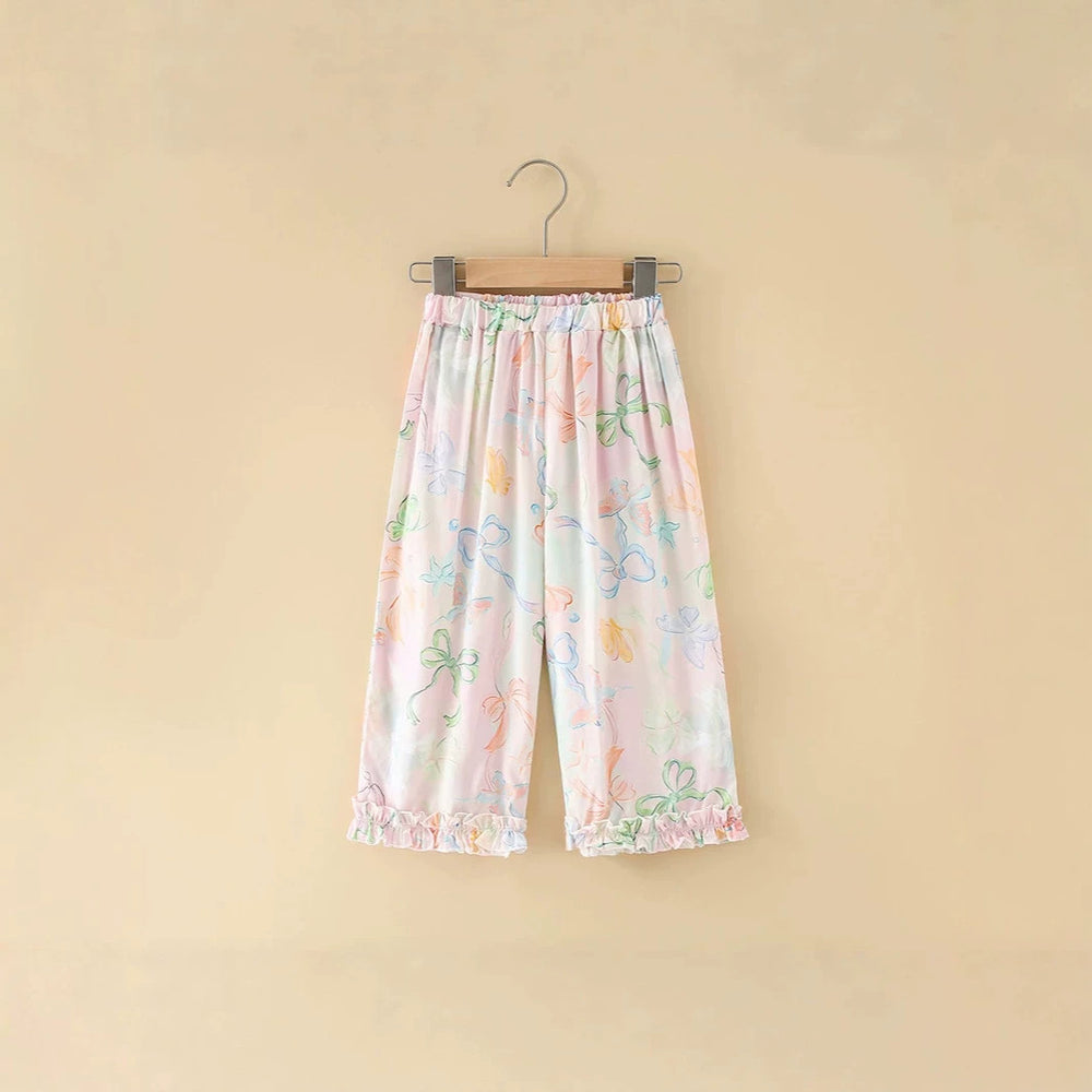 Girls' rayon summer lightweight pajama pants - cartoon print, loose fit, breathable, can be worn outdoors, cropped length