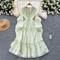 French court style floral lantern sleeve dress - women's spring hollow-out crochet v-neck design, elegant and luxurious maxi dress