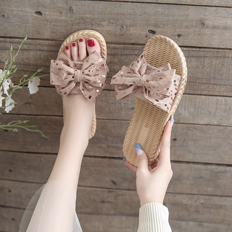 Women's summer slippers - trendy, non-slip, flat, bow-embellished, indoor/outdoor/beach sandals - instagrammable fairy style