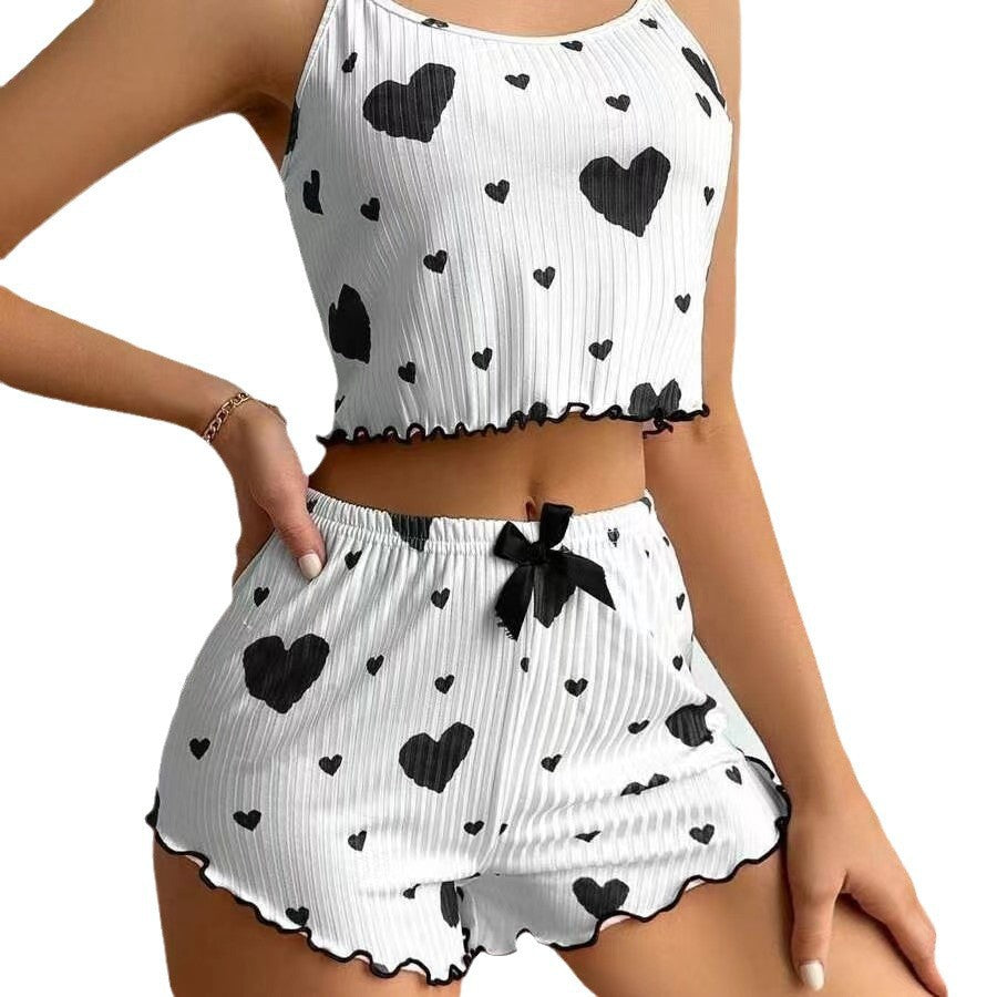 European and american style women's two-piece ribbed knit pajama set with heart print, camisole, and bowknot shorts