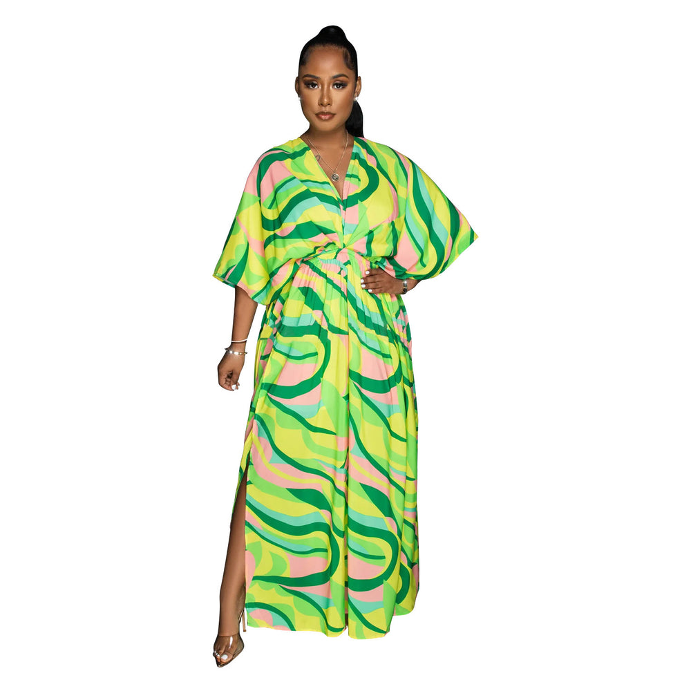 X6615 cross-border   fashion women's v-neck vintage print slit maxi dress