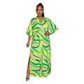 X6615 cross-border   fashion women's v-neck vintage print slit maxi dress