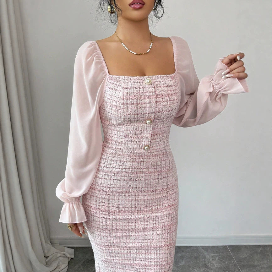 chanel-inspired dress for women, new autumn collection, high-end knitted patchwork, slimming and figure-flattering dress