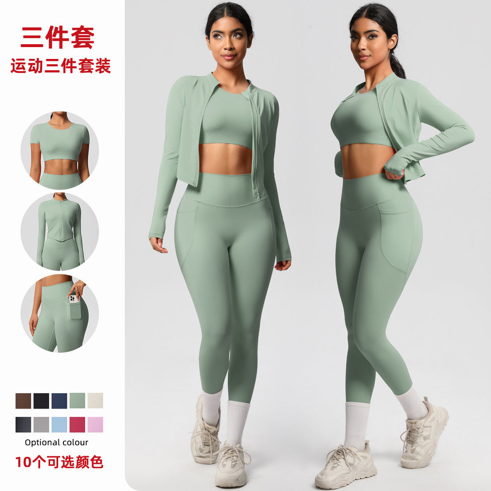 European and american high-waisted butt-lifting tight pocket pants quick-dry yoga set cloud-like running fitness apparel three-piece activewear set