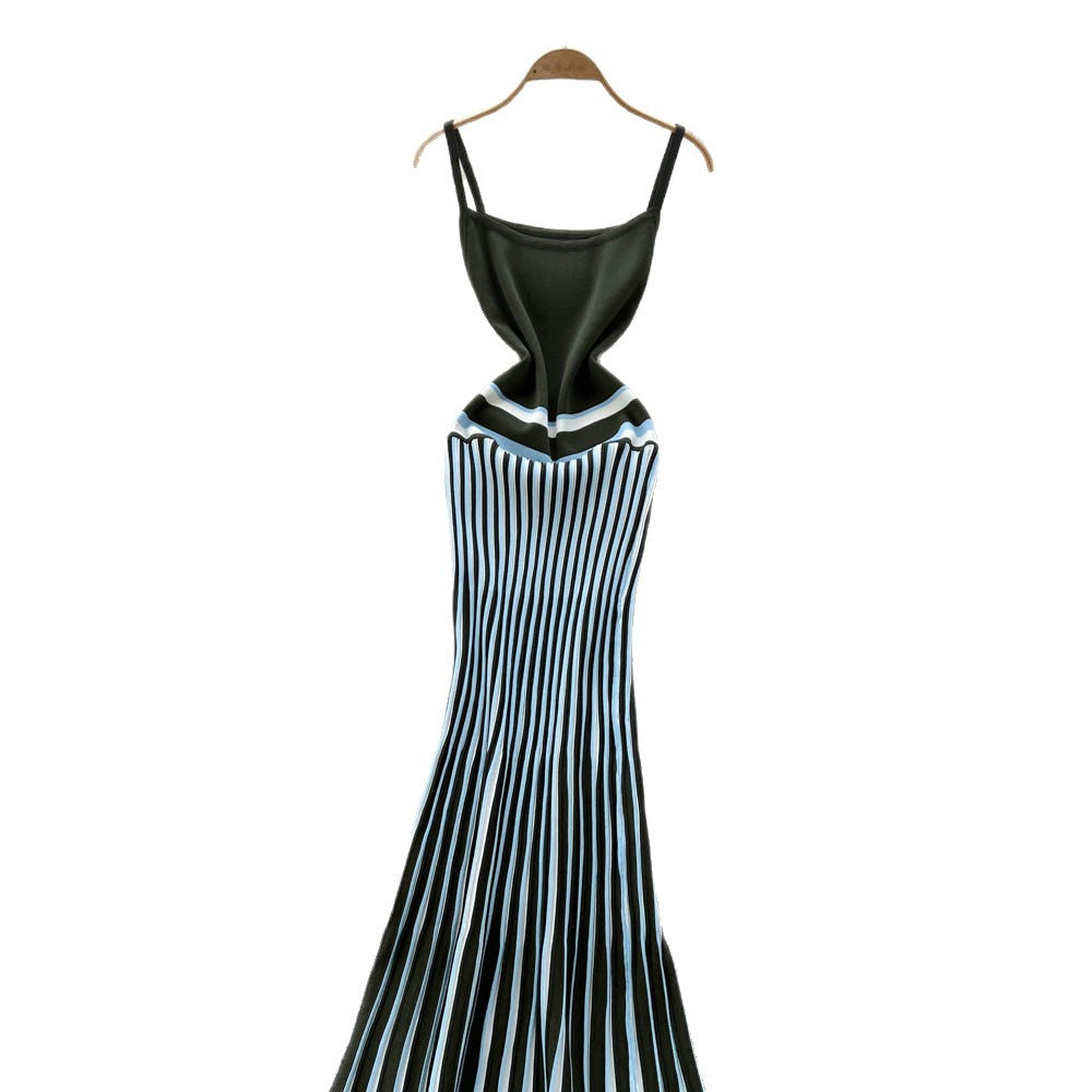 European and american high-end striped knit cami dress - women's summer slimming, figure-flattering, unique, stunning maxi dress