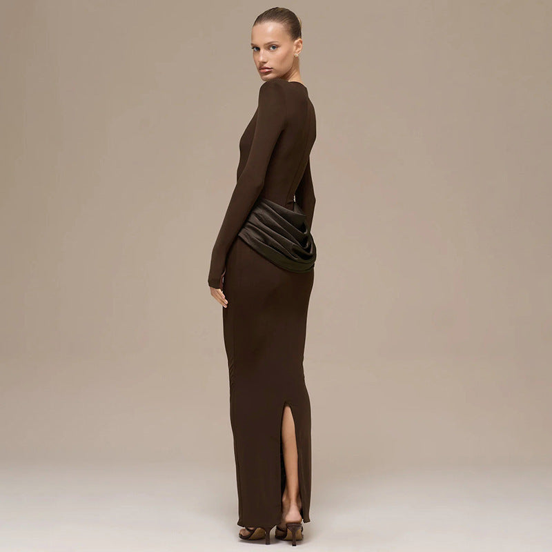 cross-border european and american women's clothing autumn/winter new collection: solid color, elegant, long-sleeved, shirred, slim-fit, bodycon, long dress for women