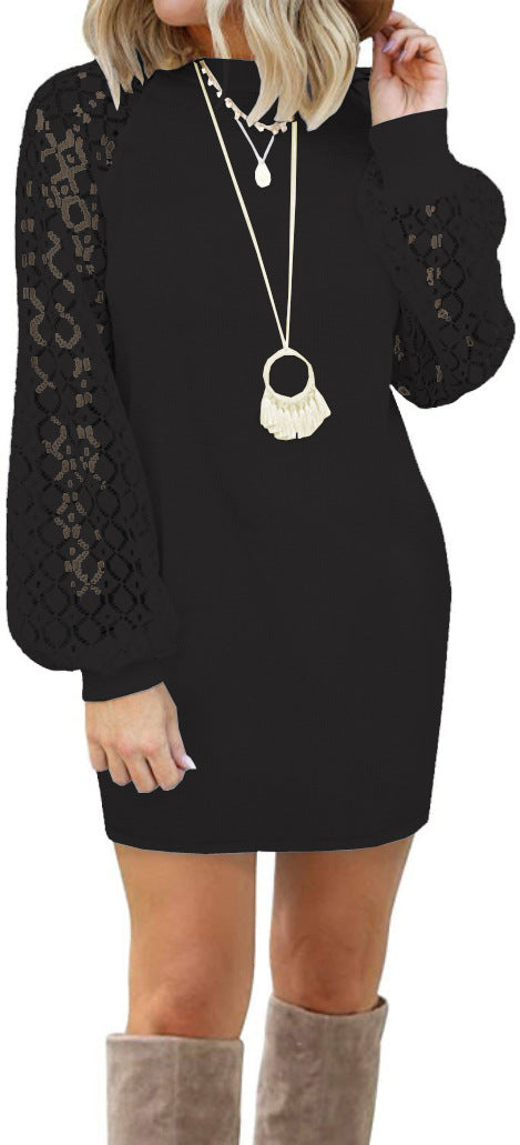 foreign trade   european and american new women's patchwork lace long sleeve knit dress