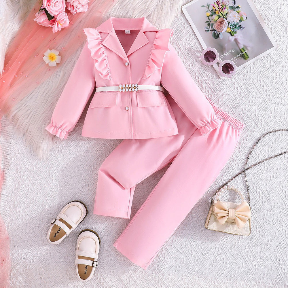New girls' spring/autumn outfit: korean style ruffle trim blazer and pants two-piece set - trendy kids' fashion
