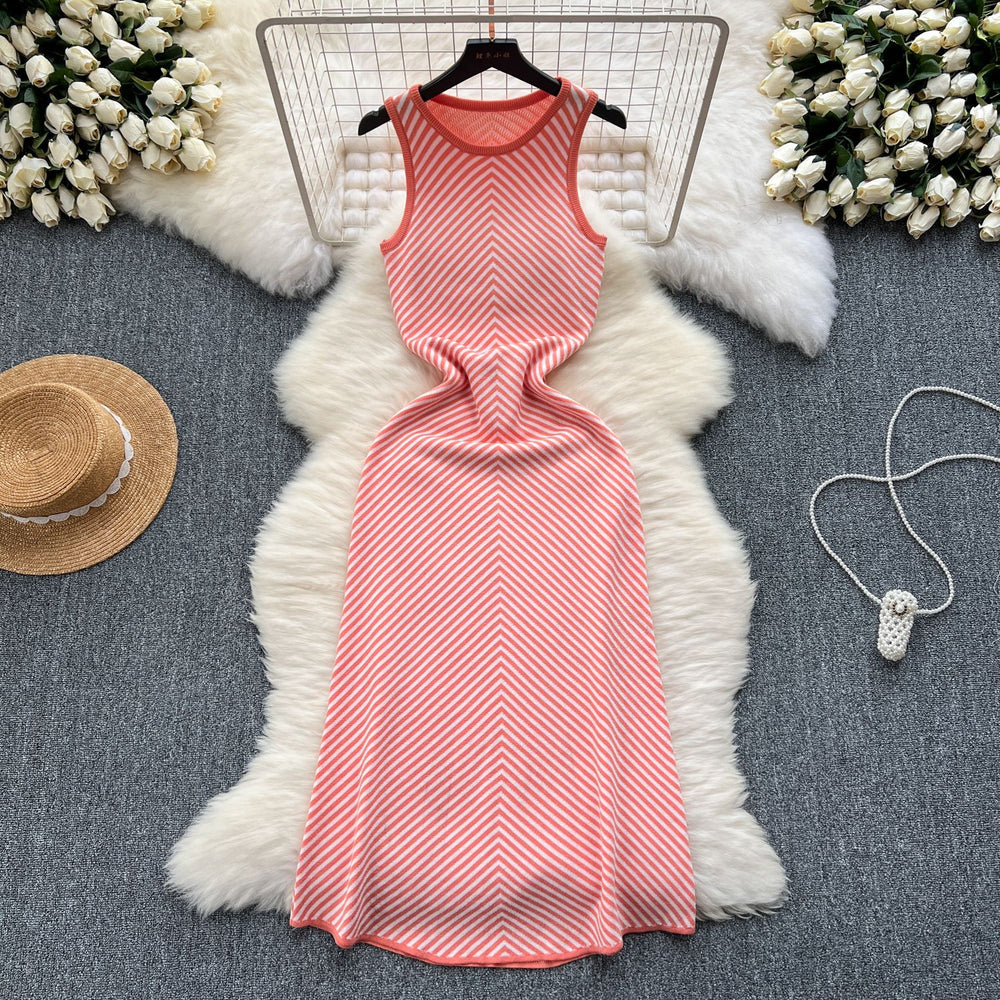 Designer color block striped knit dress - women's 2024 new summer korean style midi sleeveless tank dress