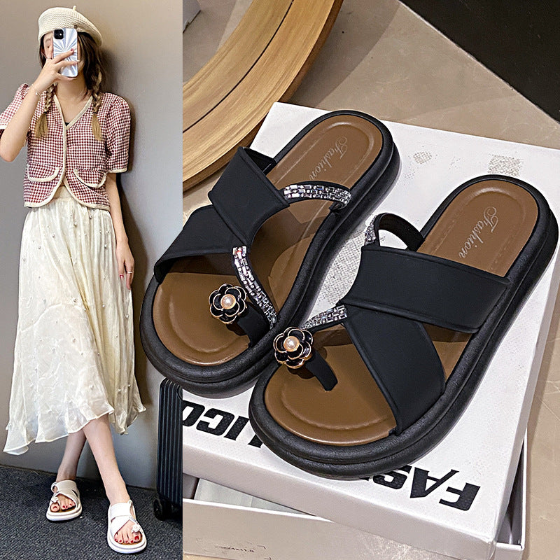 Influencer-approved camellia rhinestone slides - women's summer fashion sandals, perfect for dressing up with skirts, open toe style