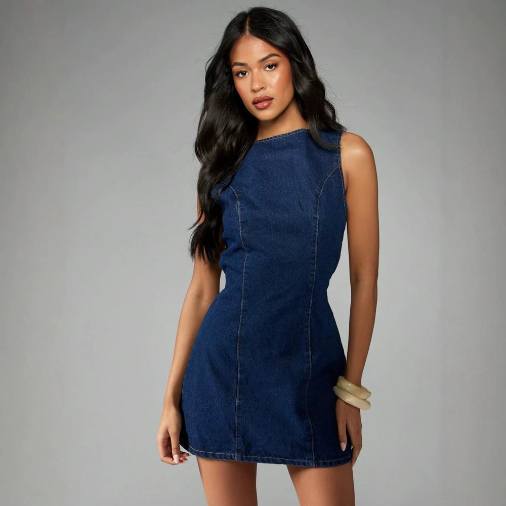 Amazon  cross-border fashion women's denim dress with back tie - european and american style