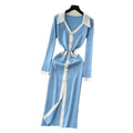 French chic color block v-neck single-breasted knit dress - slim fit bodycon maxi dress