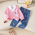 new spring cross-border textured lapel patchwork top + heavily embroidered cherry denim pants set