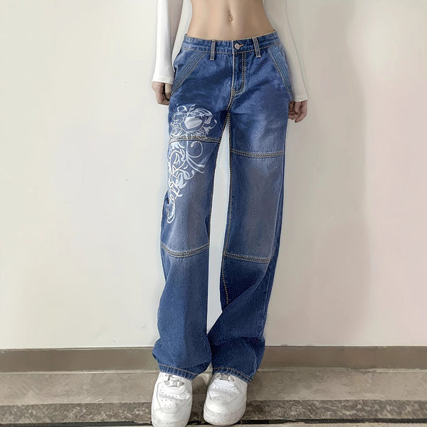 The new European, American and 2025  exclusive for new trendy printing loose wide-leg women's jeans is popular on