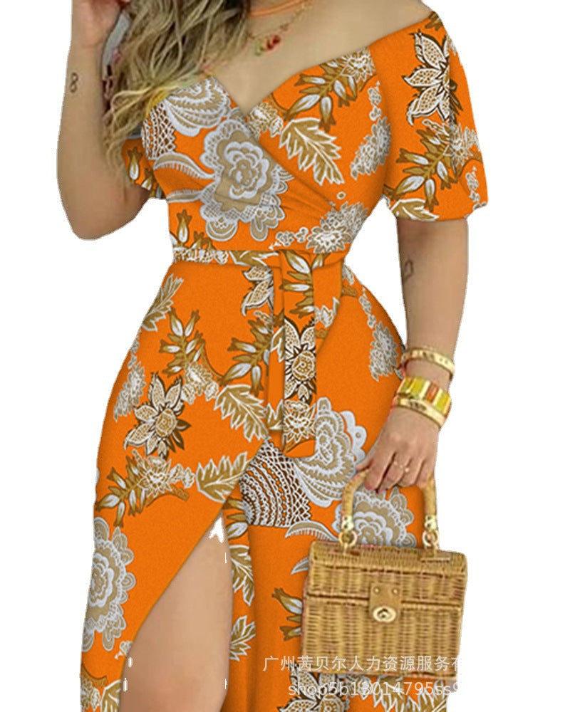 Spot  2022 European and American new floral print v-neck side open dress