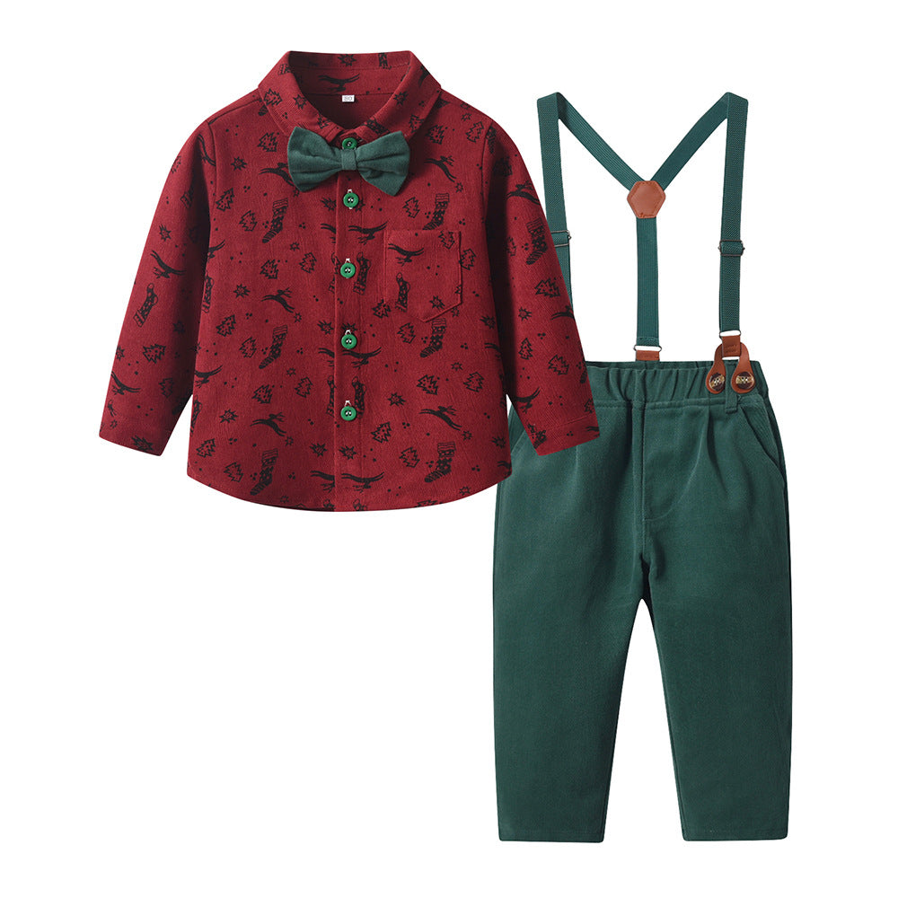 New autumn children's shirt printed christmas long sleeve bow tie mid-to-large kids gentleman's formal wear set customized children's clothing