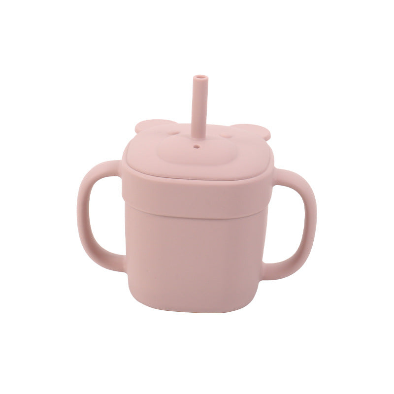 Children's silicone straw cup Baby bear baby drinking milk drinking cup Double handle anti-drop silicone feeding tableware