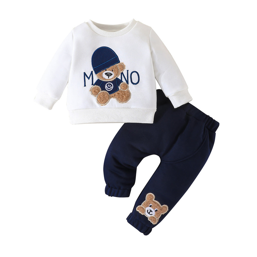 cross-border e-commerce children's wear: new autumn/winter cartoon letter hat bear embroidered hoodie and pants two-piece set