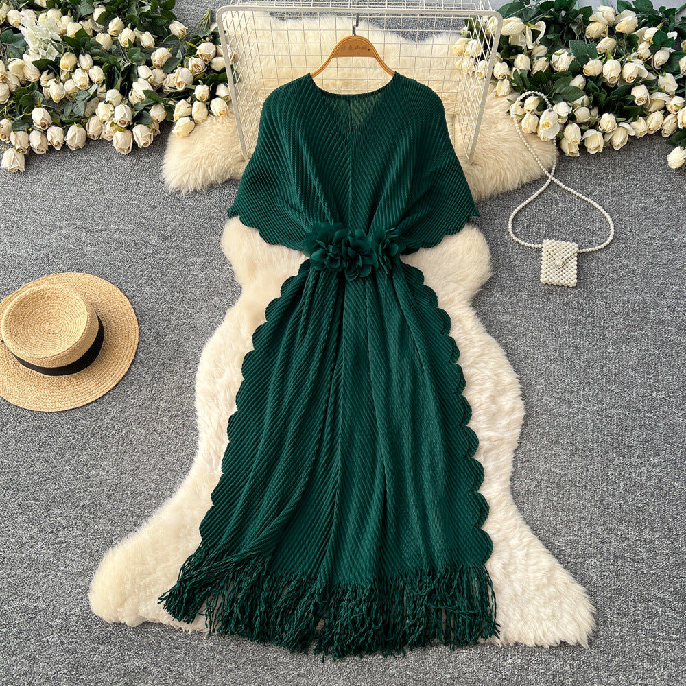 Fashion cross-border miyake pleated dress female v neck waist stereo flower decoration tassel long skirt elegantwork clothing