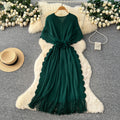 Fashion cross-border miyake pleated dress female v neck waist stereo flower decoration tassel long skirt elegantwork clothing