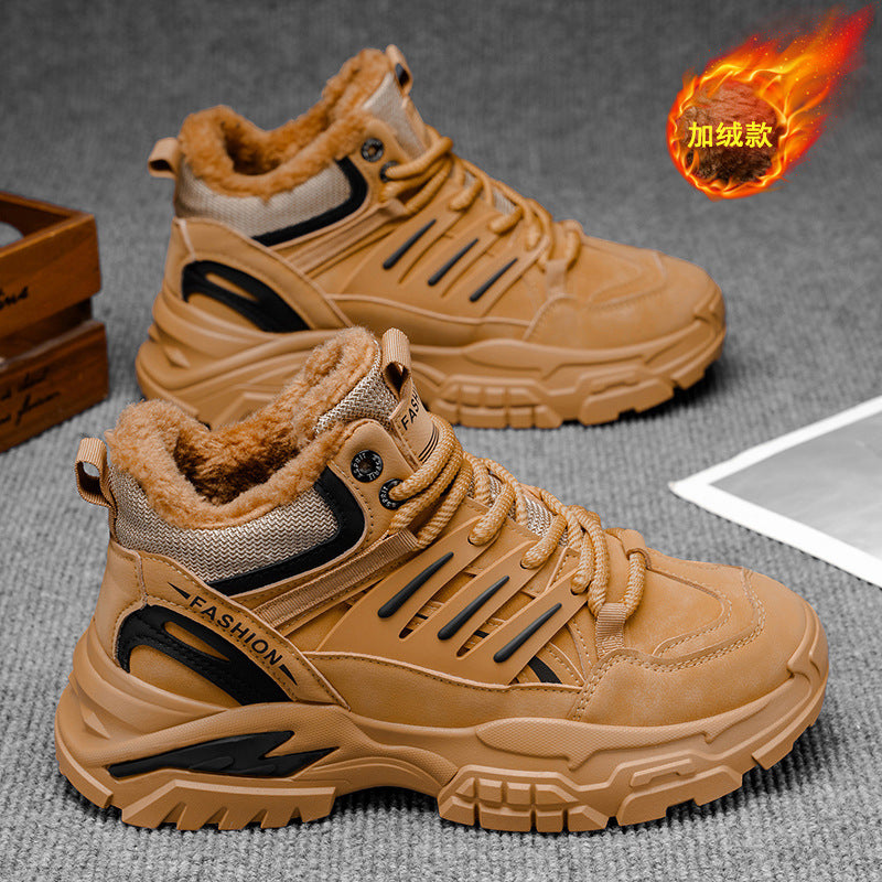 Men's winter fleece-lined warm cotton shoes, thick-soled work shoes, non-slip outdoor sports casual hiking martin boots, trendy footwear