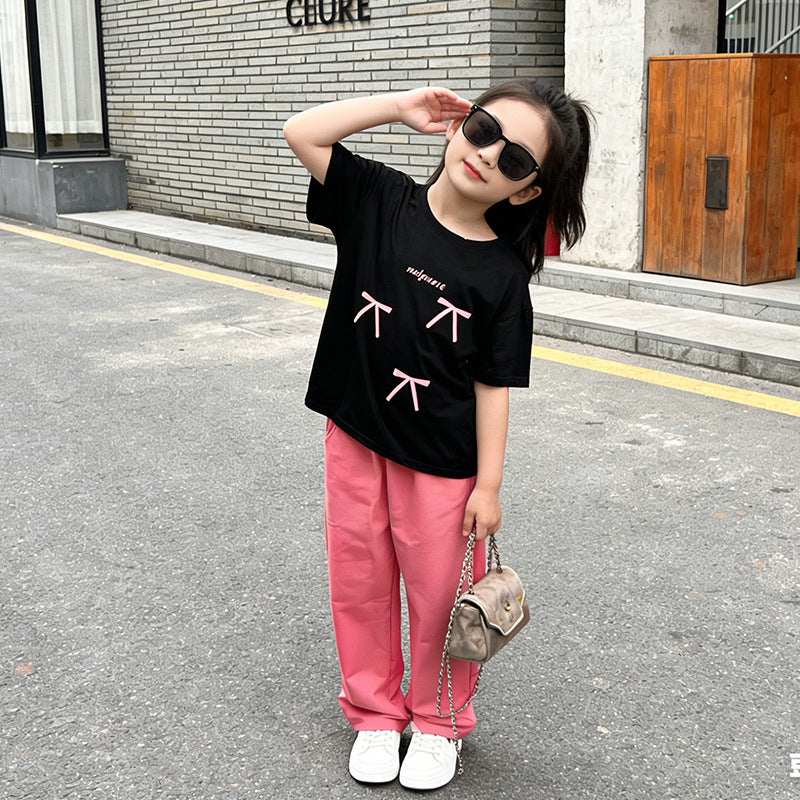 Girls' summer short-sleeve outfit:  new stylish girls' casual summer t-shirt and lightweight wide-leg pants set