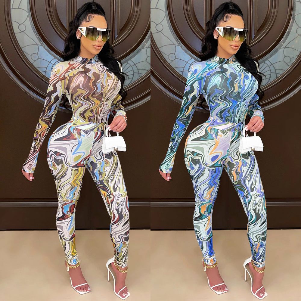 C5505    fashion women's painted bodycon long sleeve top and pants set with mesh sheer detail