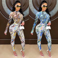 C5505    fashion women's painted bodycon long sleeve top and pants set with mesh sheer detail