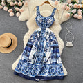 Ethnic style retro suspender dress women's frenchsense of designniche style waist slimming look floral a-line long skirt