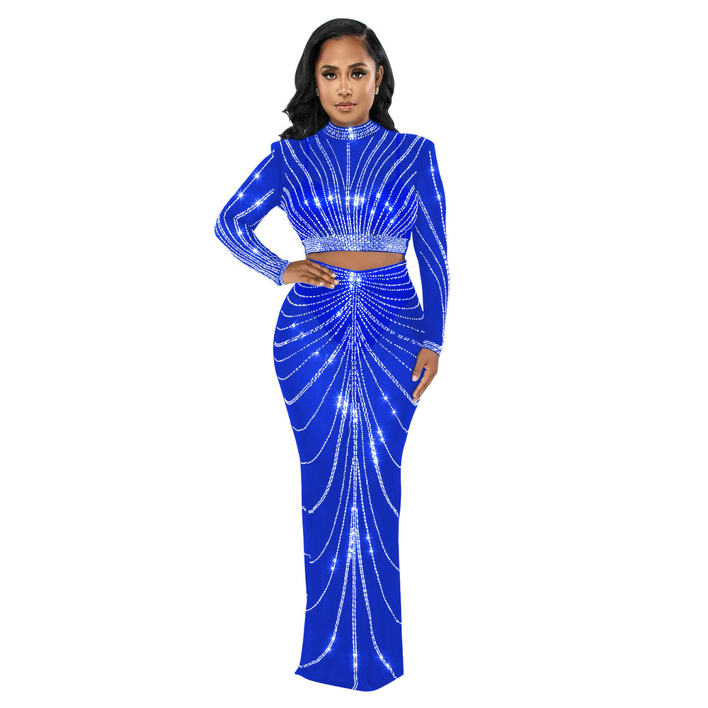 C6028 cross-border   fashion women's mesh rhinestone see-through long sleeve maxi dress two-piece set