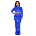 C6028 cross-border   fashion women's mesh rhinestone see-through long sleeve maxi dress two-piece set