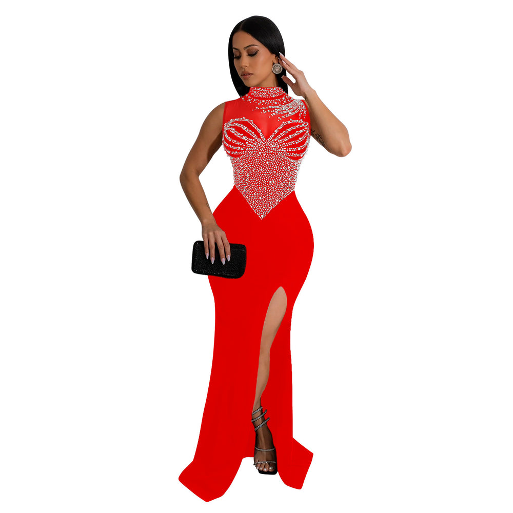 C6913 cross-border   fashion women's solid color mesh rhinestone sleeveless maxi dress