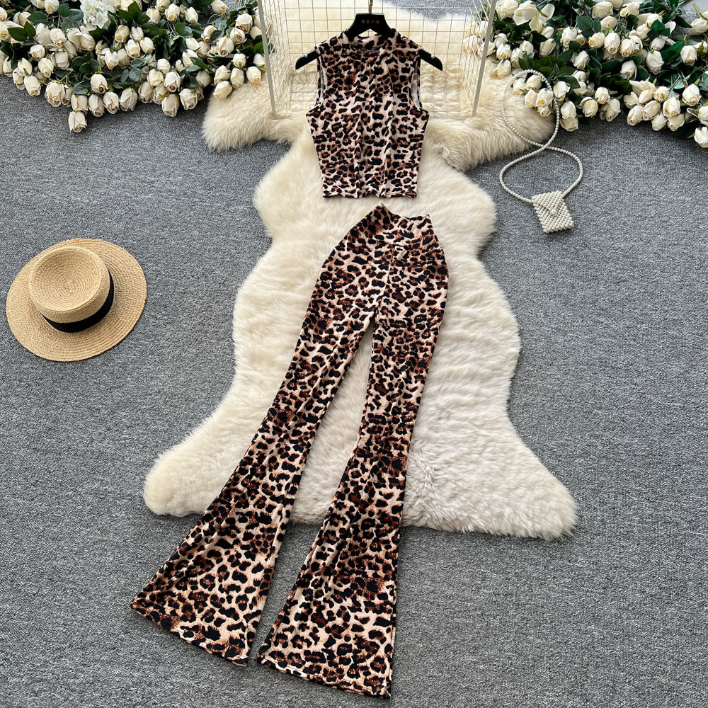 Fashion ins scheming sense of design sleeveless slanted shoulder short leopard print vest women's high waist hip-covering slightly flared pantssuit