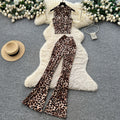 Fashion ins scheming sense of design sleeveless slanted shoulder short leopard print vest women's high waist hip-covering slightly flared pantssuit