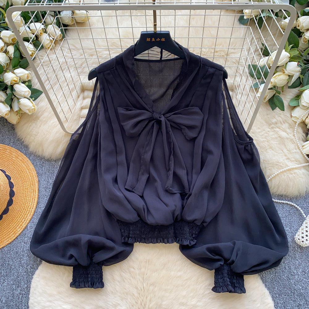 French sweet style bow tie v-neck blouse - women's long sleeve loose fit commute chic top - autumn  collection