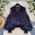 French sweet style bow tie v-neck blouse - women's long sleeve loose fit commute chic top - autumn  collection