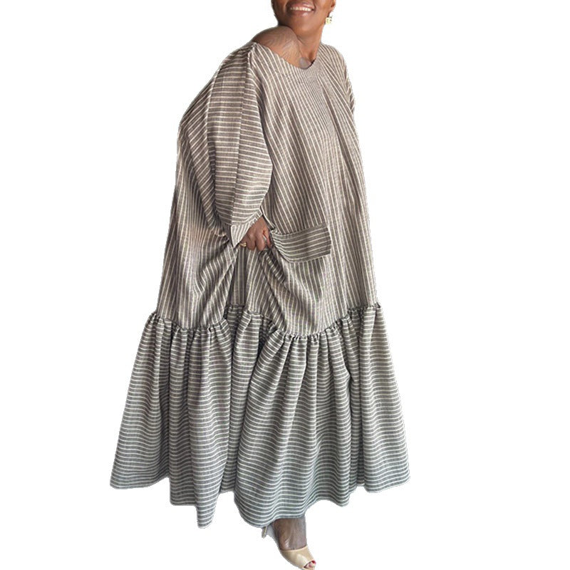European and american cross-border women's clothing:  spring new arrivals - fashionable, elegant, loose-fit, plus size, round neck, striped, long dress