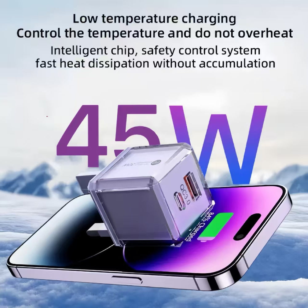 Pd 45w fast charging adapter transparent case - "little ice cube" dual port a+c charger, compatible with apple and huawei phones