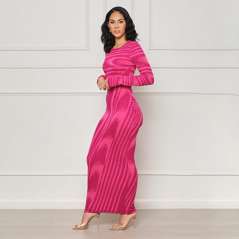 New arrivals: irregular print sexy slim-fit bodycon long sleeve dress for cross-border e-commerce
