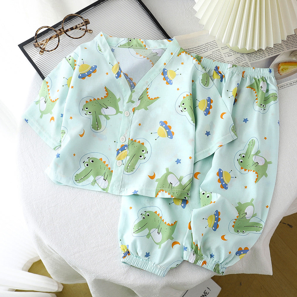 Kids' cotton linen pajama set - summer boys' and girls' sleepwear - rayon two-piece set - cotton linen air conditioning suit - children's clothing